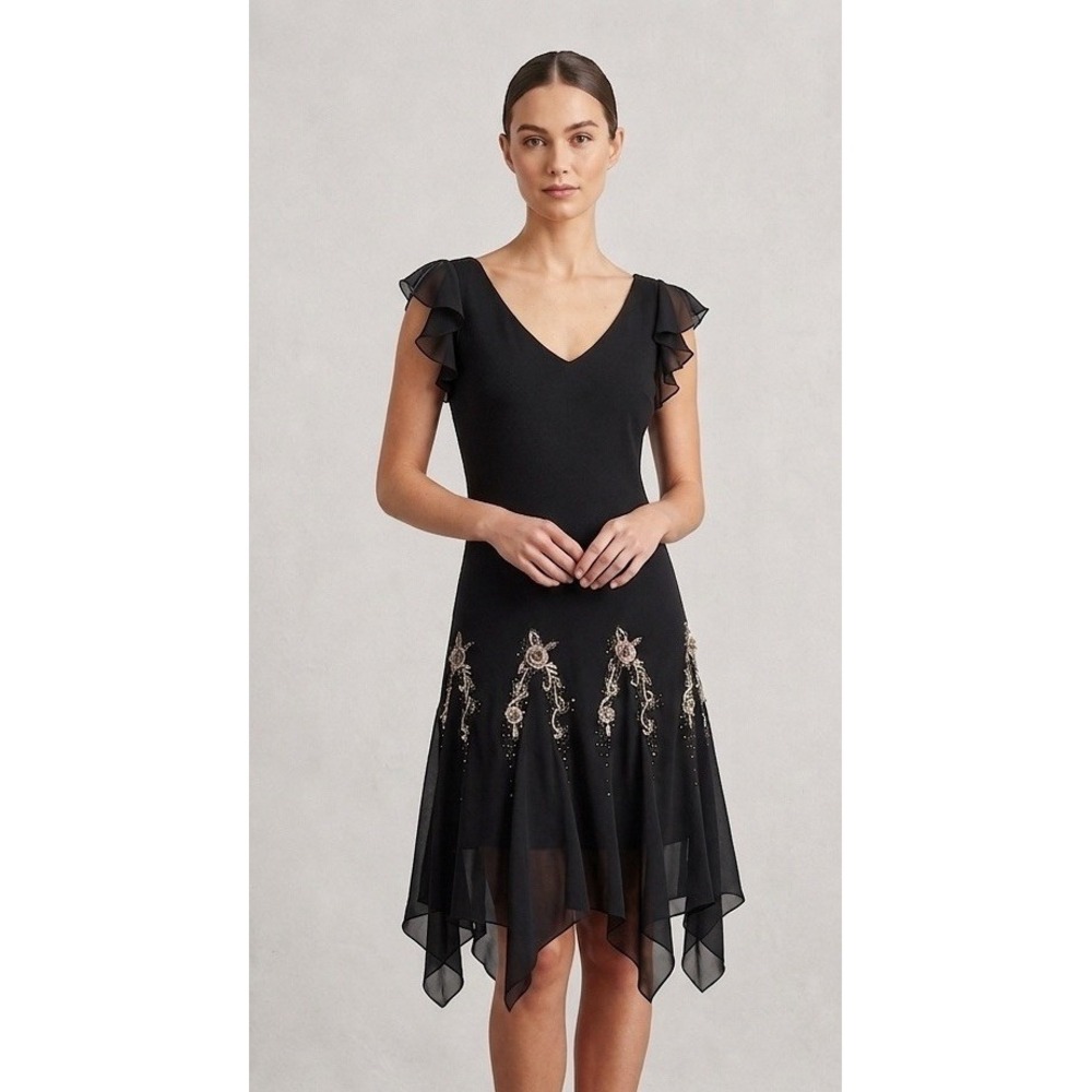 Vintage 90s Y2K Cocktail Black Evening Dress Embroidered Fairy Hanky Hem Sz 14